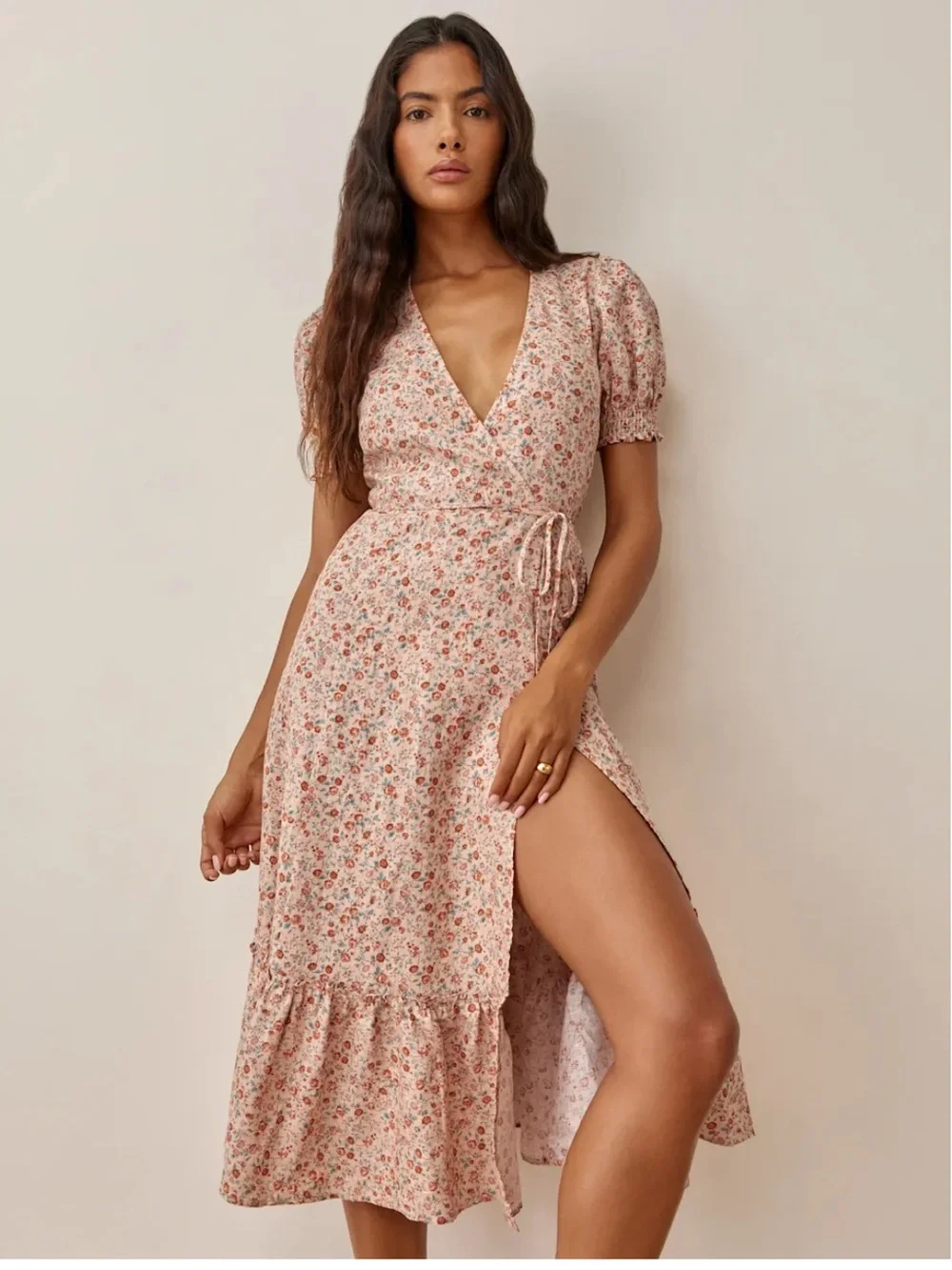 NEW Reformation Veronika Linen Floral Wrap Midi Dress, Size L
